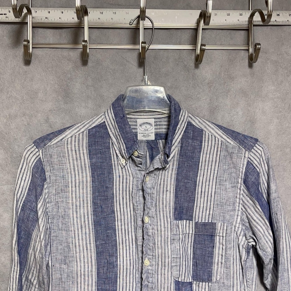 Brooks Brothers Shirt Men S Blue Striped Slim Linen Button Up L/S Casual Resort